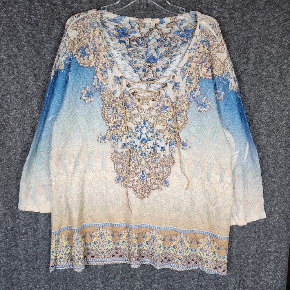Reba Top Womens 3X Lace Up V-Neck Blue Ombre Rhinestone Damask Knit EUC